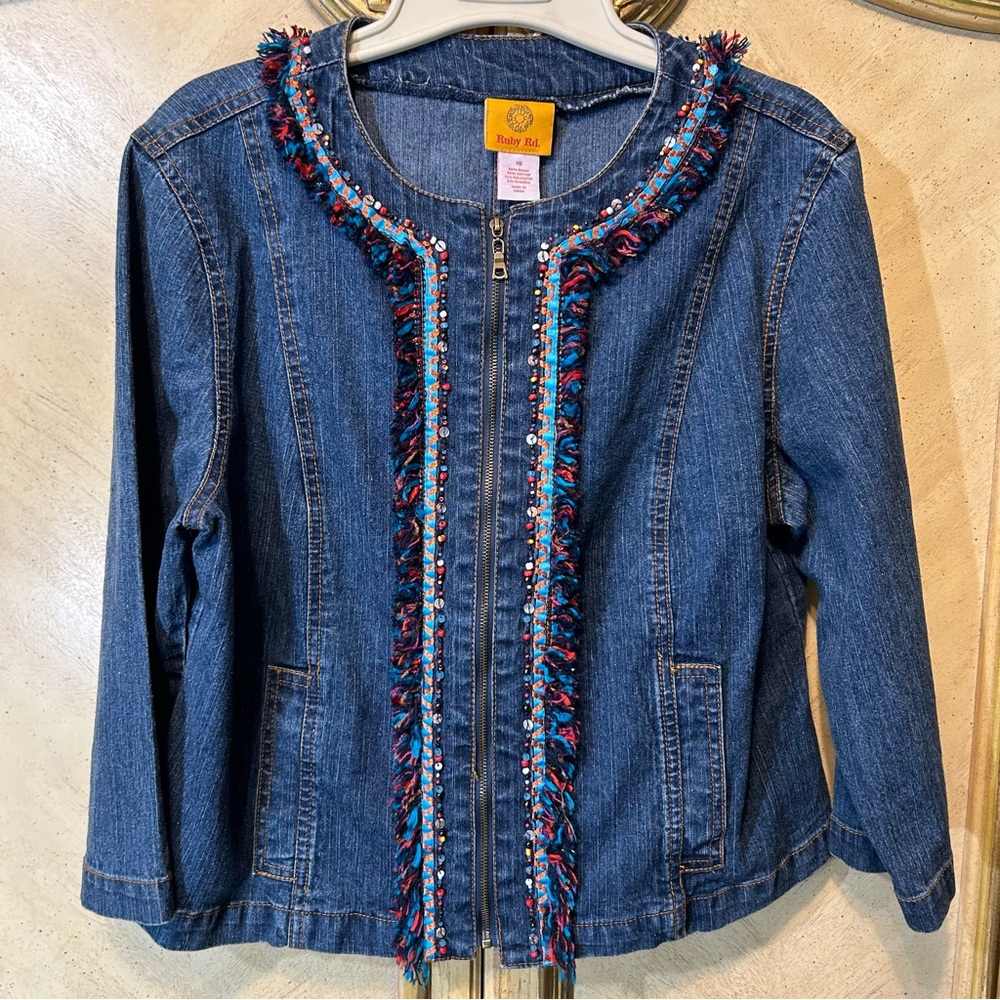 Ruby Rd Blue Fringe Beaded Embroidered Embellished Denim 3/4 Sleeve Jacket
